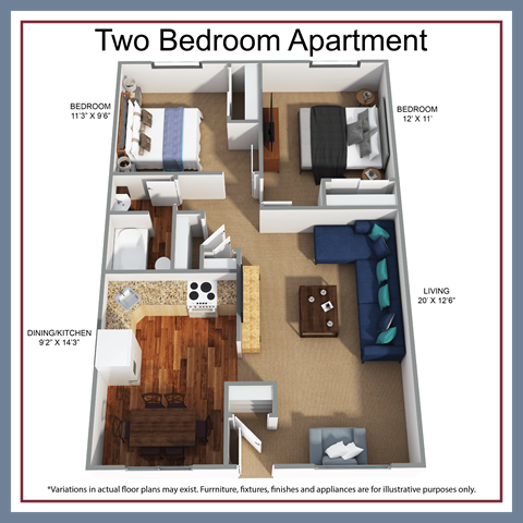 Floor plan for 2 beds, 1 bath, 810 sqft